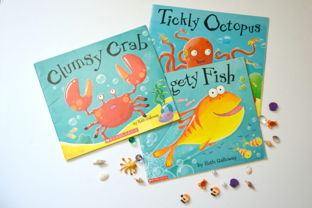 Photo of three Ruth Galloway ocean themed picture books on a white background.