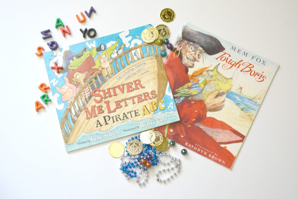 Photo of two pirate pictures books, Shiver Me Letters A Pirate ABC and Tough Boris on a white background.