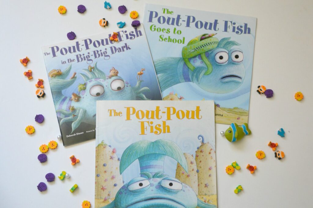 Photo of three books on a white background, Pout-Pout Fish in the Big-Big Dark, The Pout-Pout Fish, and The Pout-Pout Fish Goes to School